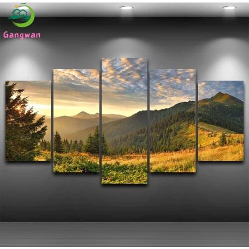 Diamond Embroidery Natural scenery, sunset, mountains, forest and trees Diamond Painting drill Mosaic Cross Stitch Wall Art5 pcs