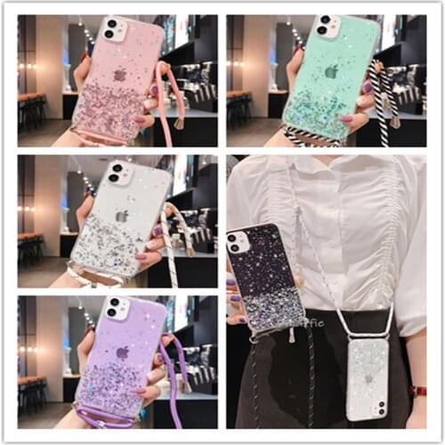 Necklace Case for Huawei Honor 10 Lite Honor View 20 Pro 30S 30 Pro V20 Strap Case Huawei Honor Play 3 X10 Glitter Case Fundas