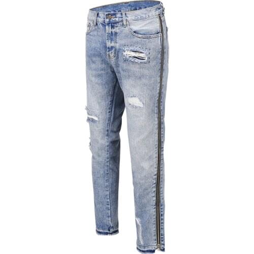 Side Zipper Dtstressed Jeans Kanye Slim Vintage Blue Biker Jeans Streetwear