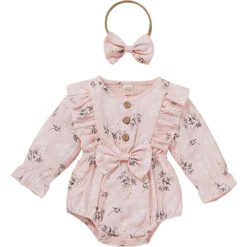 0-18M Newborn Baby Girls Romper with Hairband Floral Print O-Neck Long Sleeve Bodysuit+ Headband Bowknot Ruffle Clothes Set