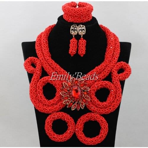 Red Crystal Beads Costume Bridal Necklace Bracelet Earrings Set Handmade Nigerian Wedding African Beads Jewelry Sets AIJ518