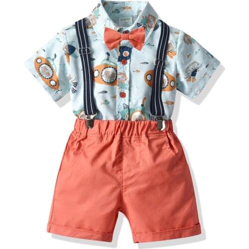 Summer Toddler Boys Clothing Sets Kids Boys Cartoon Gentleman Suits Space Print Shirts Suspender Shorts Baby 2pcs Set 2021 New