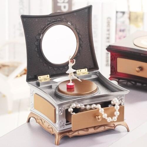 Creative Plastic Pink Golden Classical Dresser Rotating Girl Music Box with Makeup Mirror Girl Gift Lovers Ornaments Jewelry Box