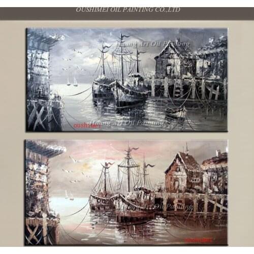 Skilled Painted Handmade Wall Painting Black And White Boat Oil Painting Home Decorative Modern Seascape Canvas Landscape