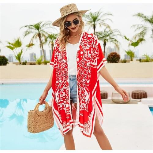 Summer Tunics Ladies 2021 Red Printed Beach Dress Cover Up Beachwear Woman Outfit Blouse Tunic Pareo Swimsuit Cover-ups NEW