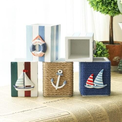 Multifunction Mediterranean Style Simple Pen Holder Pen Pot Container Home Office Desktop Decoration Wood Crafts