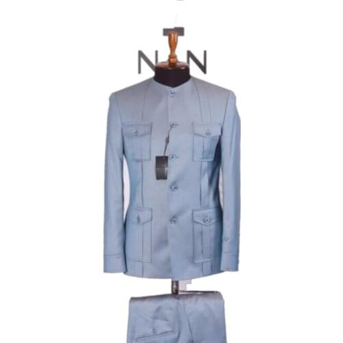 Fashion Chinese Style Lake Blue No Collar Mens Suits Wedding Tuxedos Groom Wear Party Prom Best Men Blazer Suit (Jacket+Pants)