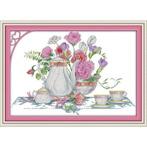 Pink Rose Table Cross stitch Kits 11CT 14CT Counted and Stamped Embroidery Kit DIY Printed Canvas Needlework Set Home Decoration