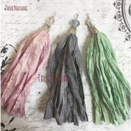 Antique Silver Bead Cap Sari Silk Tassel Charm Jewelry Sea-foam Green Pink Or Gray Sari Silk Tassel Bohemian Pendant PM14469