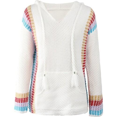 Quanss Fashion Hooded Pullovers Womens V Neck Knitted Sweaters 2021 New Autumn Winter Clothes Pocket Knitwear Y2k Jumper