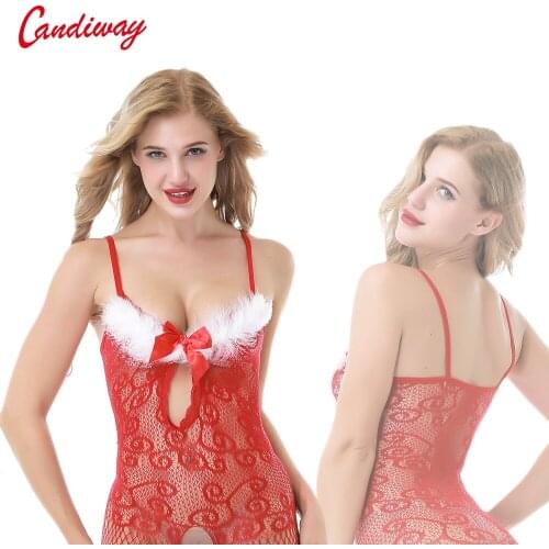Christmas costume Sexy lingerie White feather Elastic Stockings bowknot net flower Sling Open-Back Crotchless Bodystocking