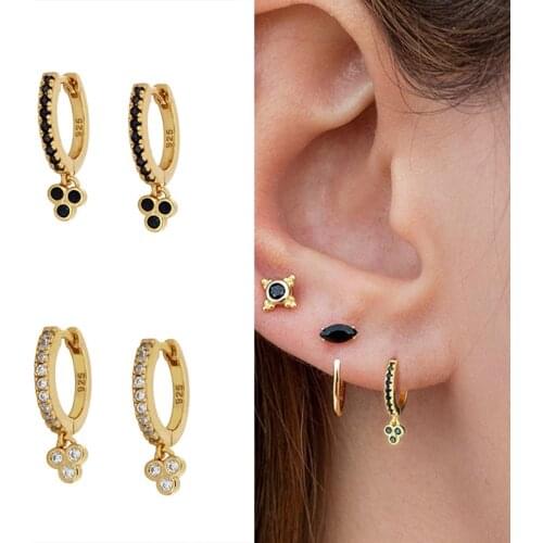 Cute Mini 925 Sterling Silver Ear Buckle Hoop Earring For Women Black/White Crystal CZ Pendant Earring Gold Silver Circle Earing