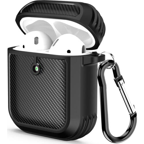 Carbon Fiber Protective Case for AirPods 1 & 2 Full-Body Rugged Shock Resistant Silicone Cover with Keychain for Airpods 2