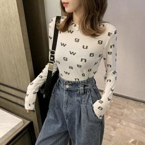 Women Sexy Slim Long Sleeve T-Shirt Letters Printed Crew Neck T-Shirts Girls Ladies Casual Bottoming Shirt Tee Tops DD8214