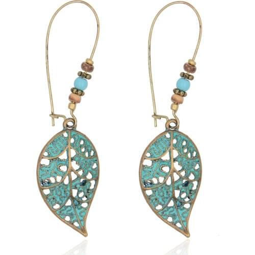 Bohemia Style Hollow Metal Leaves Dangle Earrings Women Beaded Fashion Jewelry Accessory