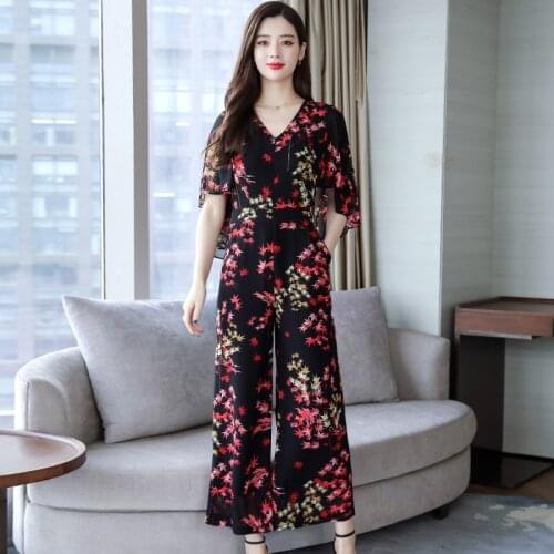 V Neck Shorts Sleeve Casual jumpsuit Womens Summer 2021 Chiffon high waist jumpsuit wide leg Pants Printed Ladies Jumpsuit 80F