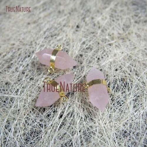 10Pcs Wholesale Rose Quartzs Connector Gold Plating Faceted Double Point Connector On Sale Approx 33x12mm PC653