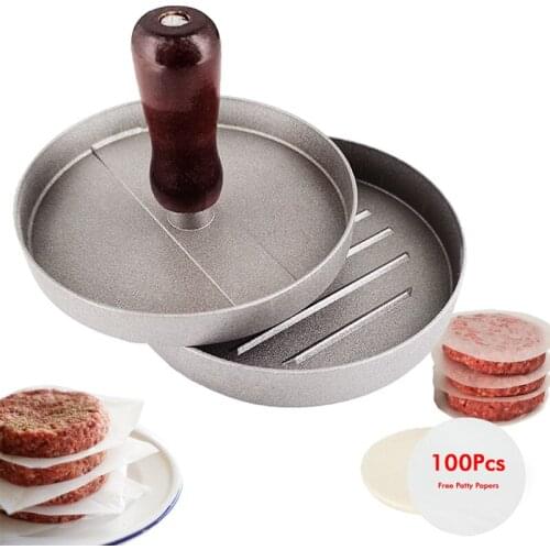Non-Stick Burger Press Aluminum Hamburger Mold Maker with 100 Papers for BBQ Grill Wholesale