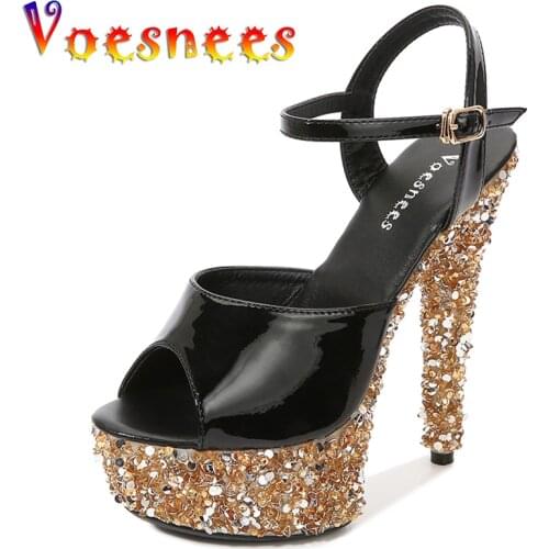 Summer New Women Shoes Bling Patent Leather Buckle Sexy High Quality Sandals Temperament High Heels Peep Toe Adult Party Shoes