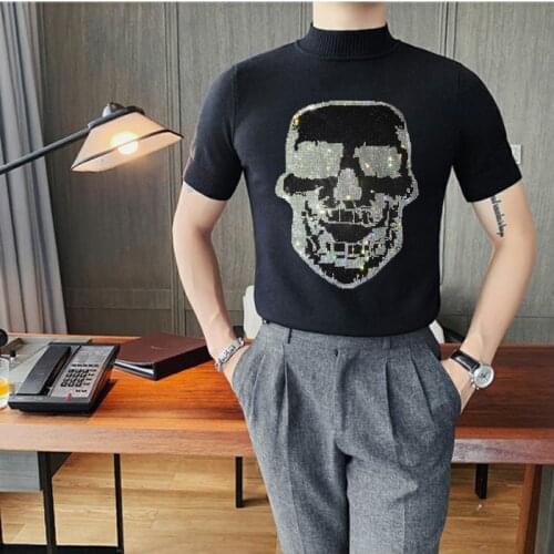 European Fashion Brand Mens Outdoor Design Skull Hot Drilling Custom Summer Short-Sleeved Sweater Delicate Knit Pullover