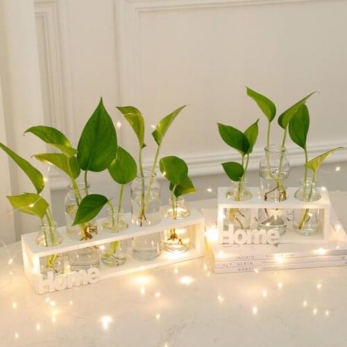 Hot Sale Crystal Glass Test Tube Vase In Wooden Stand Flower Pots for Hydroponic Plants Home Garden Decoration with Lamp