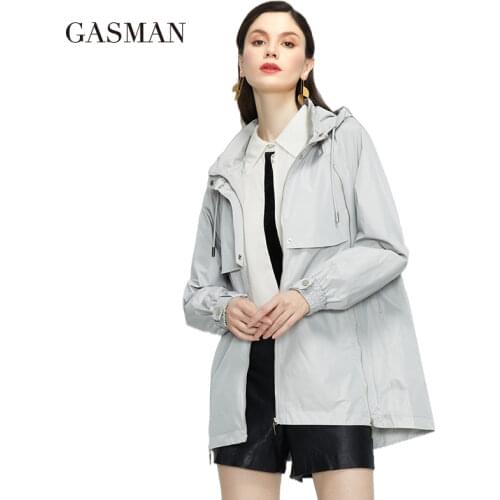 GASMAN 2021 womens spring jacket trench coat casual grey zipper Windproof short coats Female hooded outwear jackets 20203