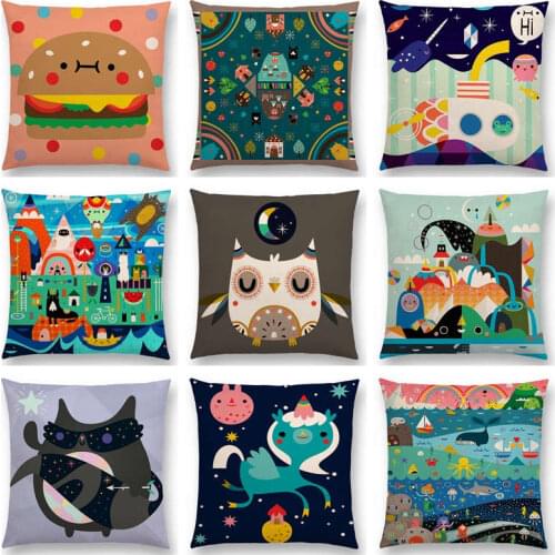 Hot Sale Colorful Fantasy Cartoon Cute Animals Dream Ocean Amusement Park Magic Cat Owl Rainbow Burger Cushion Sofa Throw Pillow