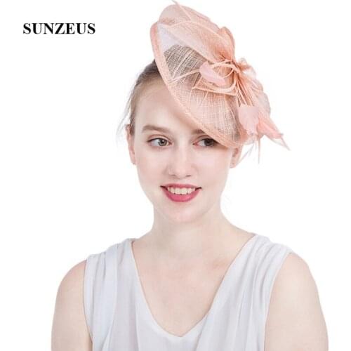 Champagne Linen Bridal Wedding Hats with Feathers Fascinatros Womens Formal Occasion Hair Accessories tocados de fiesta SH73