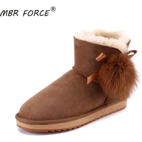 MBR FORCE Sheepskin Suede Leather Shearling Wool Fur Lined Women Short Winter Boots Pom-pom Style Ankle Snow Boots Shoes Girls