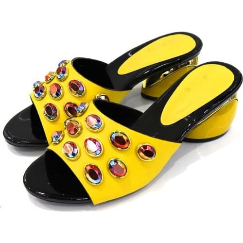 Fashion yellow women shaped heel shoes with colorful crystal decoration african pumps for dress CR2125,heel 5.5CM