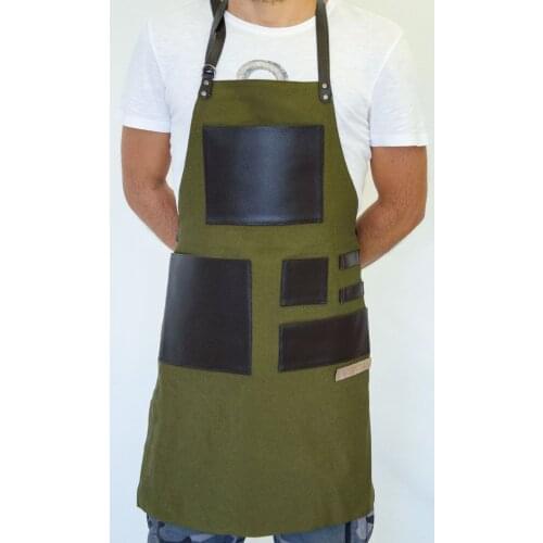 Mens Apron Bib Chef Kitchen Apron Barista Bartender Coffee Restaurant Cooking Apron with Pockets