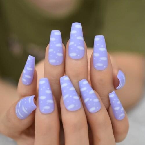 Sky White Cloud Baby Purple Press on False Nails Long Ballerina Coffin Popular Matte Frosted Fake Fingersnails Extention Tool