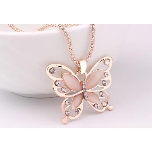 New Fashion personality sweater chain butterfly opal necklace sparkly hollowed-out female necklace