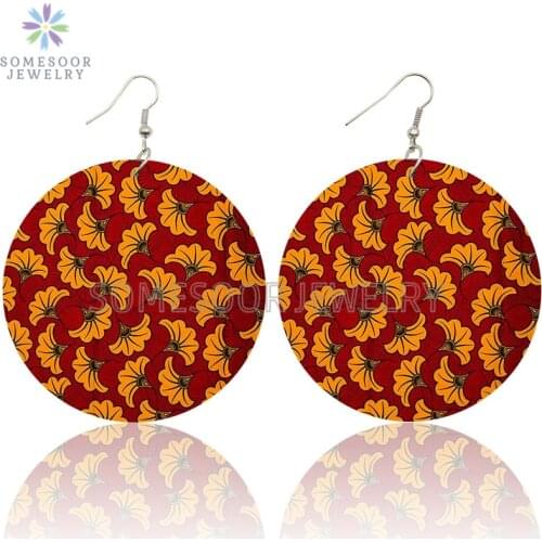SOMESOOR 9 Designs Africa Fabric Wooden Drop Earrings Vintage Flower Patterns Both Sides Printed Bohemian Jewelry For Women Gift