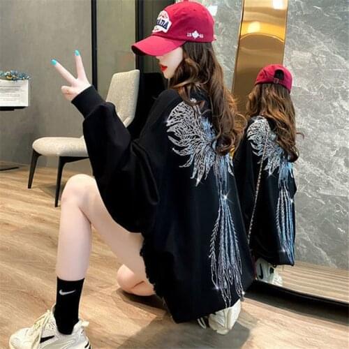 Sweatshirt Spring Autumn Thin Hot Rhinestone Solid Color Round Neck Pullover Long Sleeve Loose Top Personalized Fashion Commuter