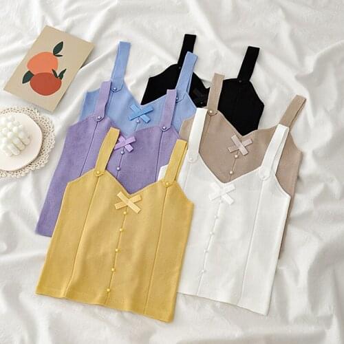 Crop Tops Women Summer Knitted Y2K Tops Ladies Sleeveless Spaghetti Buttoned Up Sexy Slim Femme Strapless Camis 2020 Summer