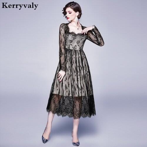 Spring Long Sleeve Black Lace Dress Womens Dresses New Arrival 2021 Ladies Dresses Vestidos Casual Mujer Robe Femme K6305