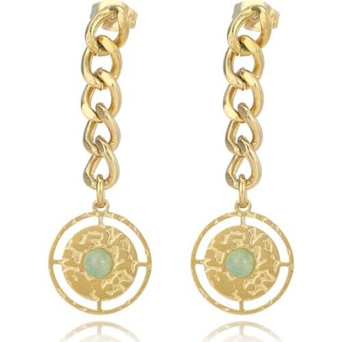 Vintage Round Hollow Chic Dangle Earrings Stainless Steel Turquoise Drop Chain Earrings Female Ear Jewelry earrings trend 2021