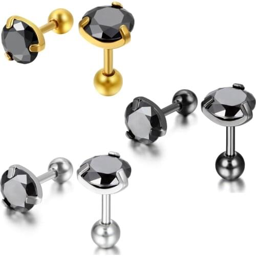 Vintage Mens Stainless Steel Stud Earrings 7mm CZ Black Royal King Crown Round Earring For Male Two colors Selection Jeweley