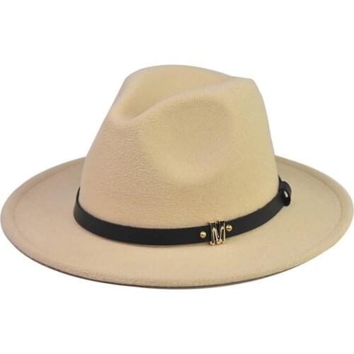 Four seasons flat brim top hat fashion metal M belt big brim hat plain woolen top hat