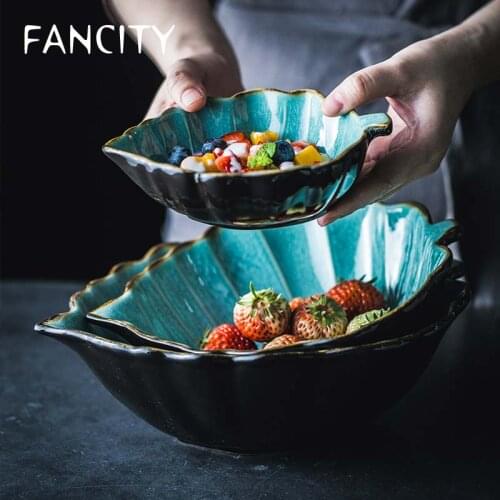 FANCITY Japanese creative kiln glazed ceramic tableware leaf salad bowl noodle bowl soup bowl fruit bowl set large underglaze co