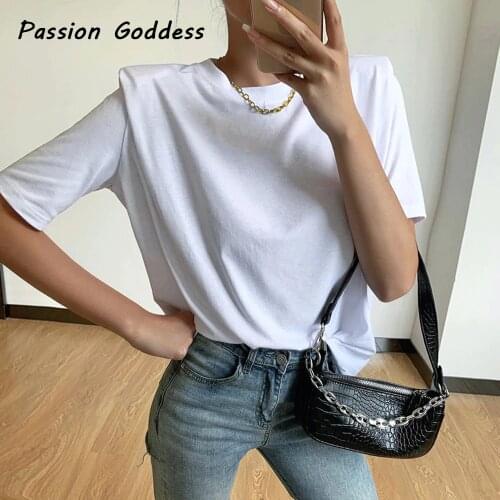 Streetwear Loose Shirts with Shoulder Pads Elegant Women Short Sleeve Round Neck T Shirts Simple White Shirts Korean Style 2020
