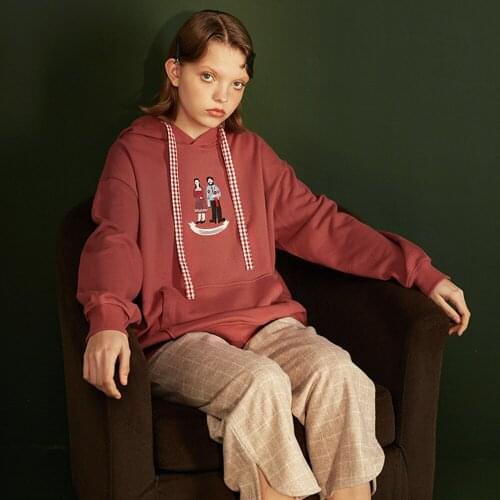 2018 Spring New Women Casual Hoodies Tie Up Plaid Cute Embroidery Big Pocket Long Sleeve Female Hooded Sweatshirts Loose Jumper