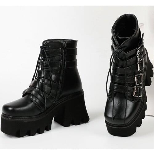 Winter Warm Shoes Women Lace Up Chunky High Heels Motorcycle Boots Female High Top Round Toe Platform Pumps Shoes Casual Shoes