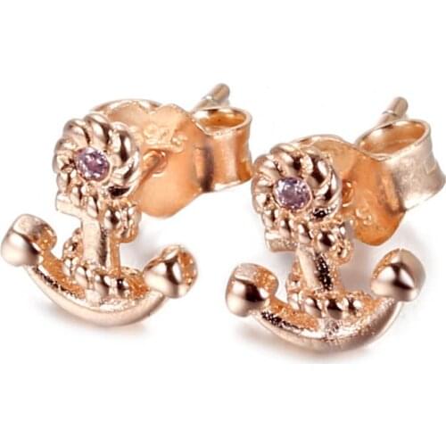 Original Rose Anchor Earring With Crystal For Women 925 Sterling Silver Earring Wedding Party Gift Fine Pandora Jewelry