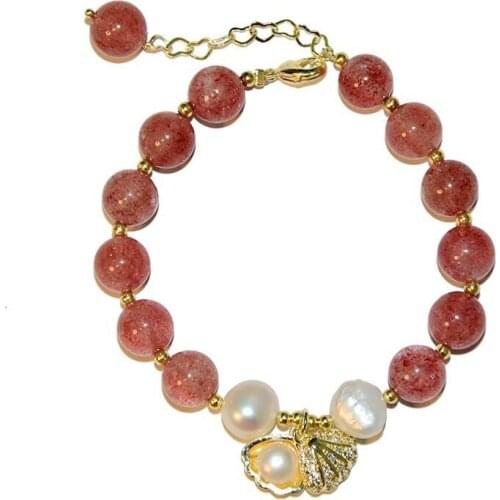 Fashion Freshwater Pearl Strawberry Crystal Bracelet Female Korean Style Simple Shell Pendant Beaded Bracelets for Women