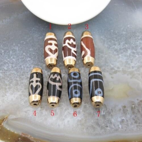 1Pcs Natural Tibetan Dzi Beads Golden Caps Connectors Pendant Necklace Amulet Vintage Agates Accessories DIY Jewelry 14x40mm