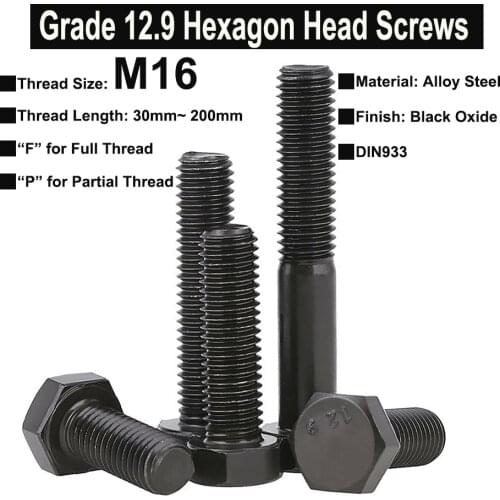 1Pc M16 Grade 12.9 Alloy Steel Hexagon Head Screws High Strength Bolt Full and Partial Thread DIN933 Thread Length 30mm~200mm