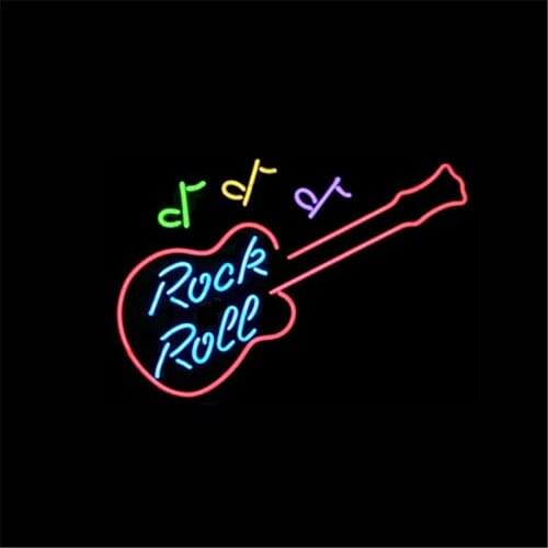 17*14" ROCK N ROLL NEON SIGN REAL GLASS BEER BAR PUB LIGHT SIGNS store display Restaurant Guitar Music Advertising Lights