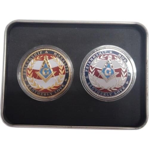2pcs/set Masonic Metal Medal United States Freemason Challenge Commemorative Coin Gold Silver Badge Men Collection Gifts